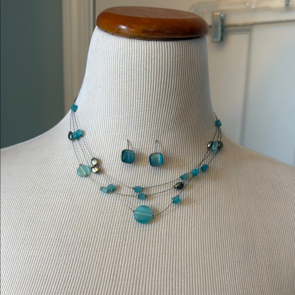 Beautiful Lia Sophia Blue Beaded Necklace and Earring Set